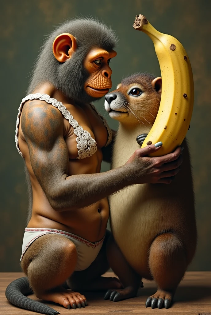 (masterpiece), best quality, ((old man wearing a black suit stands behind)) (((nude naked young teen girl who wears colorful tribal paint and has blond chignon hair and holds a banana))) and has blue eye and medium breast and nipple and thigh and tribal necklace and earring and tribal bracelet, standing in classroom, classroom, tribal art on wall, old man in suit in the background,