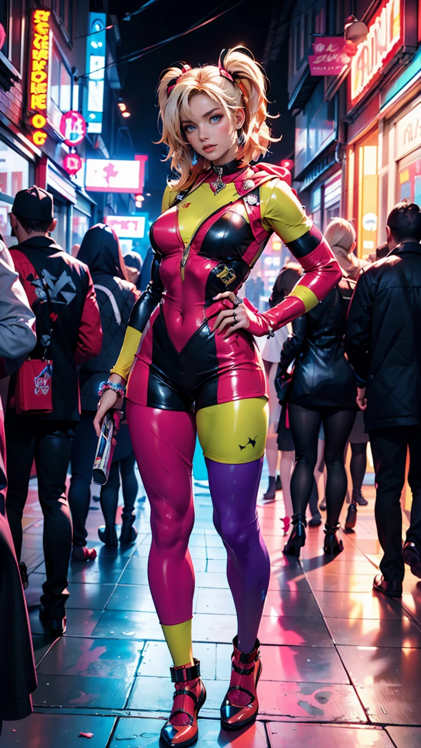((Full body photo, standing, feet on the floor)) Portrait of Margot Robbie as a clown at the crowded party, wearing closed black-red clown suit, Harley Quinn style, her face is illuminated by neon lights, looks like Harley Quinn , violet color, cyclist's body, he is standing, model photography style (extremely detailed CG Unit 8k wallpaper), full frame photography of the most beautiful work of art in the world, professional, trending on ArtStation, trending on CGSociety , intricate, highly detailed, clear focus, dramatic, photorealistic painting by Midjourney and Greg Rutkowski