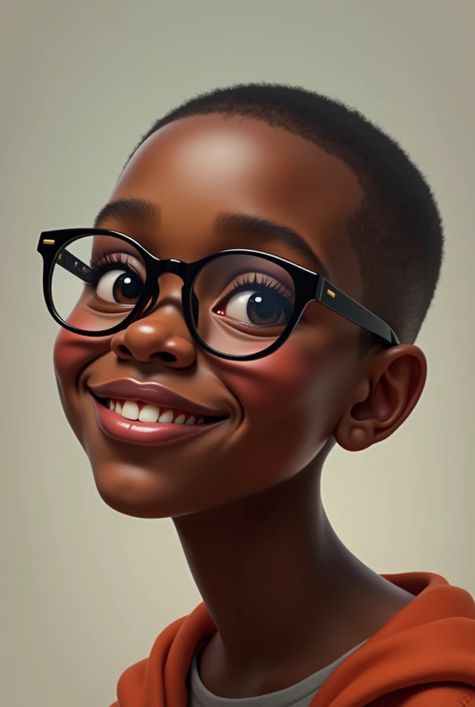 A 17-year-old boy with black skin and glasses, a wide, chubby face and thick lips