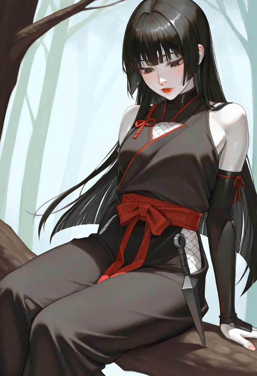 masterpiece, 1girl, red eyes, long straight nergo hair with bangs, beautiful standing with great athletic body, manipulator of two katanas, has covered her chest and ribs with bandages, a black wide fabric pants with golden details, wooden zandalias oriental style, natural light, beautiful day, training in a bamboo forest, very detailed, marked shadows