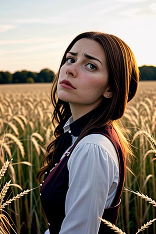a woman in Russian clothes with a scythe mows ears of wheat on a field early in the morning, fog, Full-face face