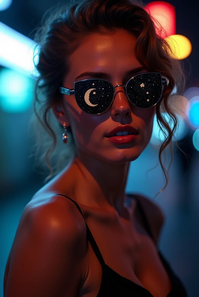 The model is wearing glass sunglasses with stars and the moon on the glass
