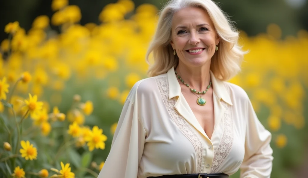 full-length woman standing in a flower field in the rain., goddess in a flower field, , middle aged blonde, in a light translucent dress, facing the camera, woman in front in flower field, Beautiful Ultra HD 4K graphics, , in a field of flowers, woman in flowers, Highly detailed 4k digital graphics, 60 years, wrinkled body and face,