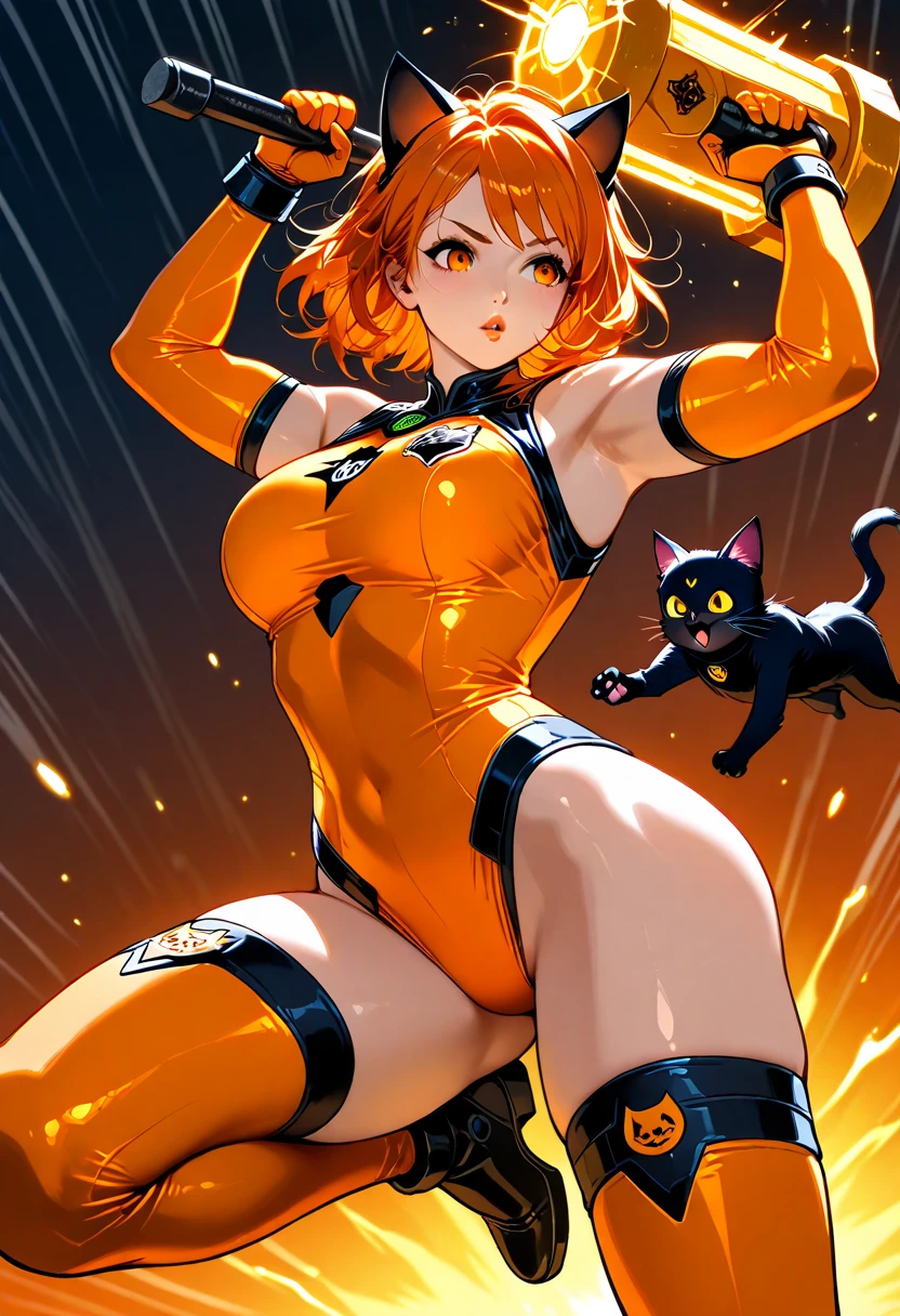 absurdres, uhd, (((best Quality))), ((ultra detailed)), full resolution, hdr, 8k, ((full body)), (Masterpiece, Best quality:1.4), (Beautiful, Aesthetic, Perfect, Delicate, Intricate:1.2), (ultra resolution:1.2), (ultra detailed), 1girl, (((brown eyes, orange hair))), ((aaritsuka, medium hair, ahoge, yellow scrunchie, small breasts)), a cool and thin adult woman, wide hips, ((chubby thighs)), ((Hair gradient)), detailed eyes, glass eyes, ((long eyelashes)), side glance, (((orange bodysuit:1.2))), (((cleavage_cutout))), black gloves, shiny, reflective, twisting hips, ((thigh gap)), ((cool expression)), ((smiling)), Additional lighting, sunlight, daytime, ((city)), buildings, majestic view, full body, doll, bjd,