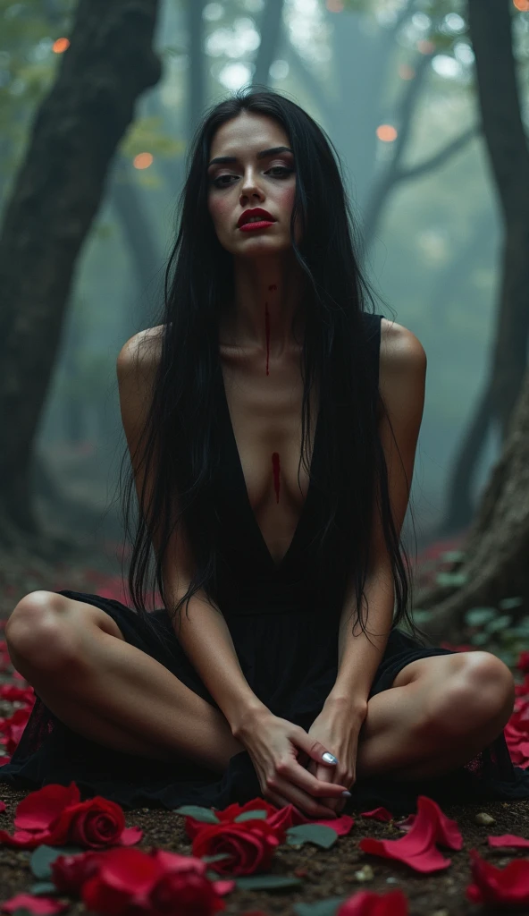 a young and frightening woman, with black hair and red eyes, with a naked body covered in blood and sharp teeth and claws and holding her severed and deformed arm, in the background of the dark forest with mist, body horror style.