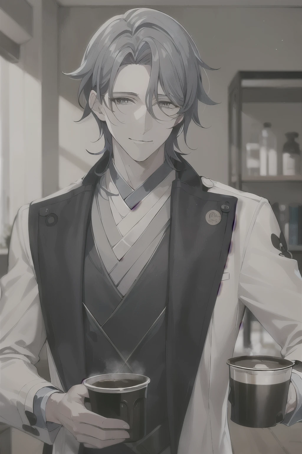 (((Masterpiece))),better quality,1 man, Tall, beautiful, sophisticated , Camisato Ayato, One, фон «coffeeйня», there isиста, coffee, blue apron, чашка coffee, shirt, there is