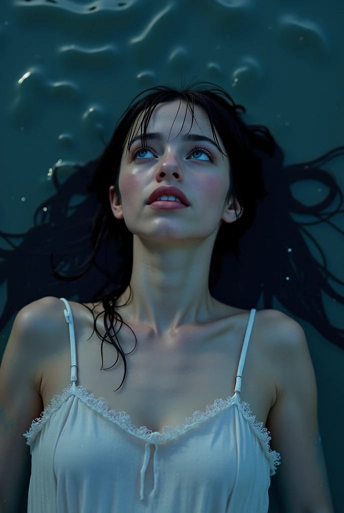 the depths and darkest part of the ocean, a tribut to the life on the depths and the death of the light, woman with 22 years old, blue long hair, floating at the surface of the ocean at night, beautiful face, emerald eyes, detailed perfect body, full body, phosphorescent skin, red glowing skin, at background there is a big storm wall, above the storm there are stars, luminescent, 8K, HD,