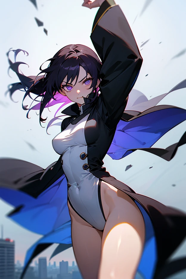 ((Best Quality)), ((Masterpiece)), (Detailed), Girl with short black hair, with straight bangs, blue eyes, the pupils of his eyes look at your violence, tall and slender, very beautiful and feminine features, wearing shorts with long black stockings, short hair, nice breasts, with a too short miniskirt, with a scared expression, she feels alone, just woke up