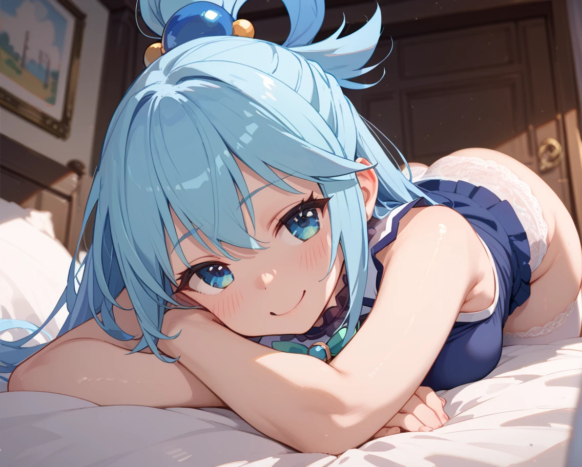 (masterpiece, best quality, extremely detailed. 8K:1.4), upper body shot, (a kawaii :1.5) (lying on her back on the bed:1.3), (hugging kiss to viewer:1.2), white glowing skin, (embarrassed with blush cheeks:1.2), (blue teary eyes with eyelashes:1.2), (silver medium half-up pigtails hair:1.3), (pajamas, small cleavage, areola slip:1.3), (perfect body:1.5), cozy room interior, room lighting, centered composition