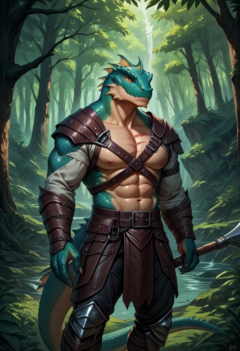 Solo Sexy anthro scalie reptile dragon male; ancient barbarian forest warrior; slim mesomorph handsome model apperance apperance; sexy toned muscules;, sword scars; worn out rusty sexy skimpy armament. He has low on hips heavy leather studded heavy belt. he has narrow in the crotch very old worn out jockstrap (smelly jockstrap fetish); His jockstrap it is made of old white linen material sewn together from a few pieces, it has never been washed, it is dirty and has stains from secretions of dried semen and sweat; His armor is old heavy brown harness with armlets studded with spikes; he has old brown leather BFR Bands on Biceps and his thighs, he has old worn out fingerless leather gloves. Even though he is a handsome and sexy fagg man, he has a sloppy appearance, has disheveled unwashed dirty husk skin, dirty body look. He stands proudly bravely with one foot on a higher stone in the swampy sunny forest; he has a proud, threatening and defiant expression on his face, with little dirty dangerous smile; 4k, ,8K,
