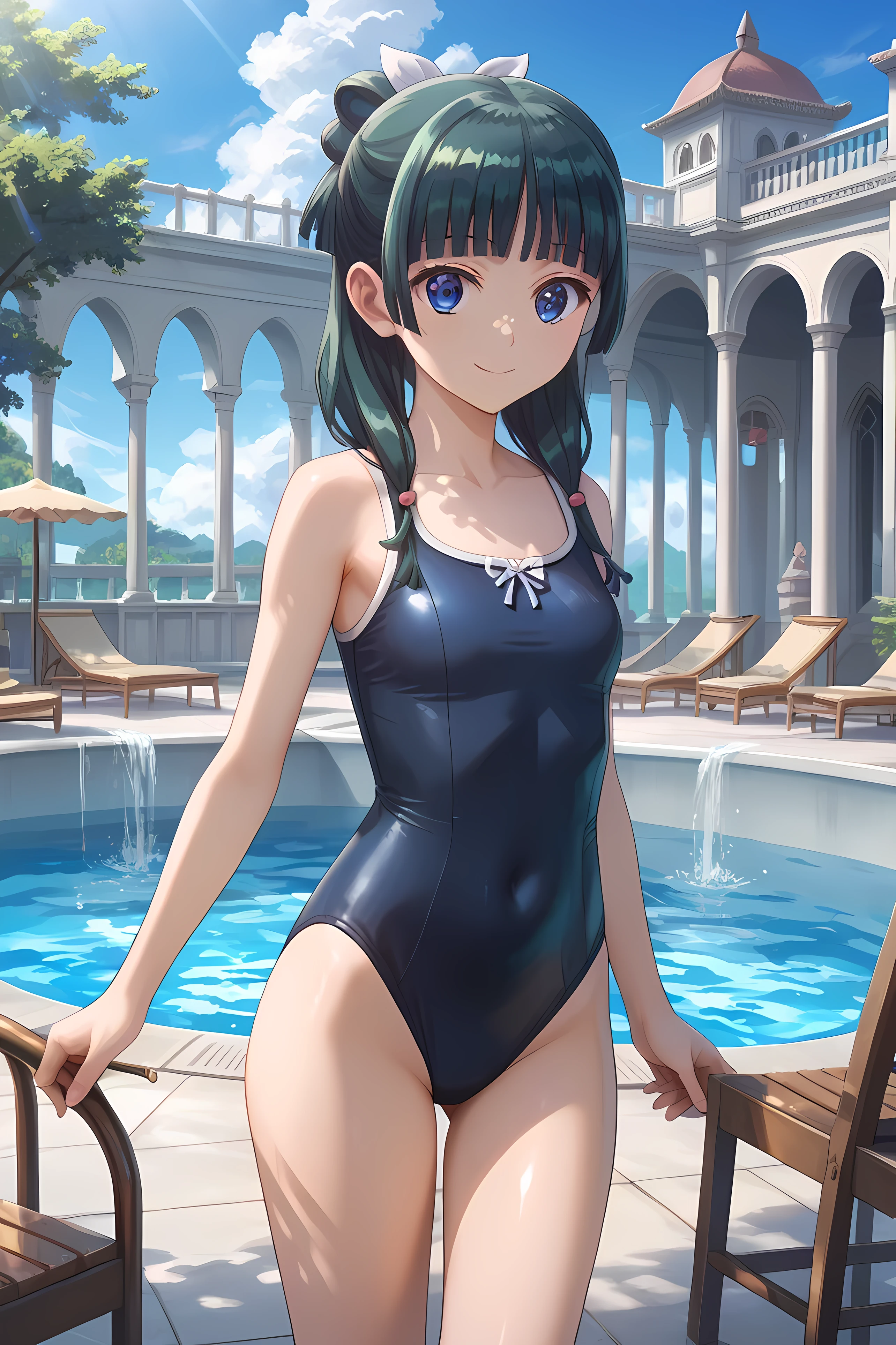 score_9, score_8_up, score_7_up, BREAK source_anime, (Anime Painting), (best quality)
Mao Mao \(a person in a drugstore\), 1 girl, Alone, small, smile, is standing, viewers,
Mansion, poolside , Lounge chair, FOUNTAIN, dappled sunlight , blue sky,
cross lace one-piece swimsuit, black one-piece swimsuit,
blue eyes, dark green hair, Blunt Bang,
Shiny Eyes , beautiful, fascinating, erotic, shiny skin, thighs, sexy, (Cute Illustrations:1.3), ( high chroma:1.3), slender, Petite,Baby Face ,