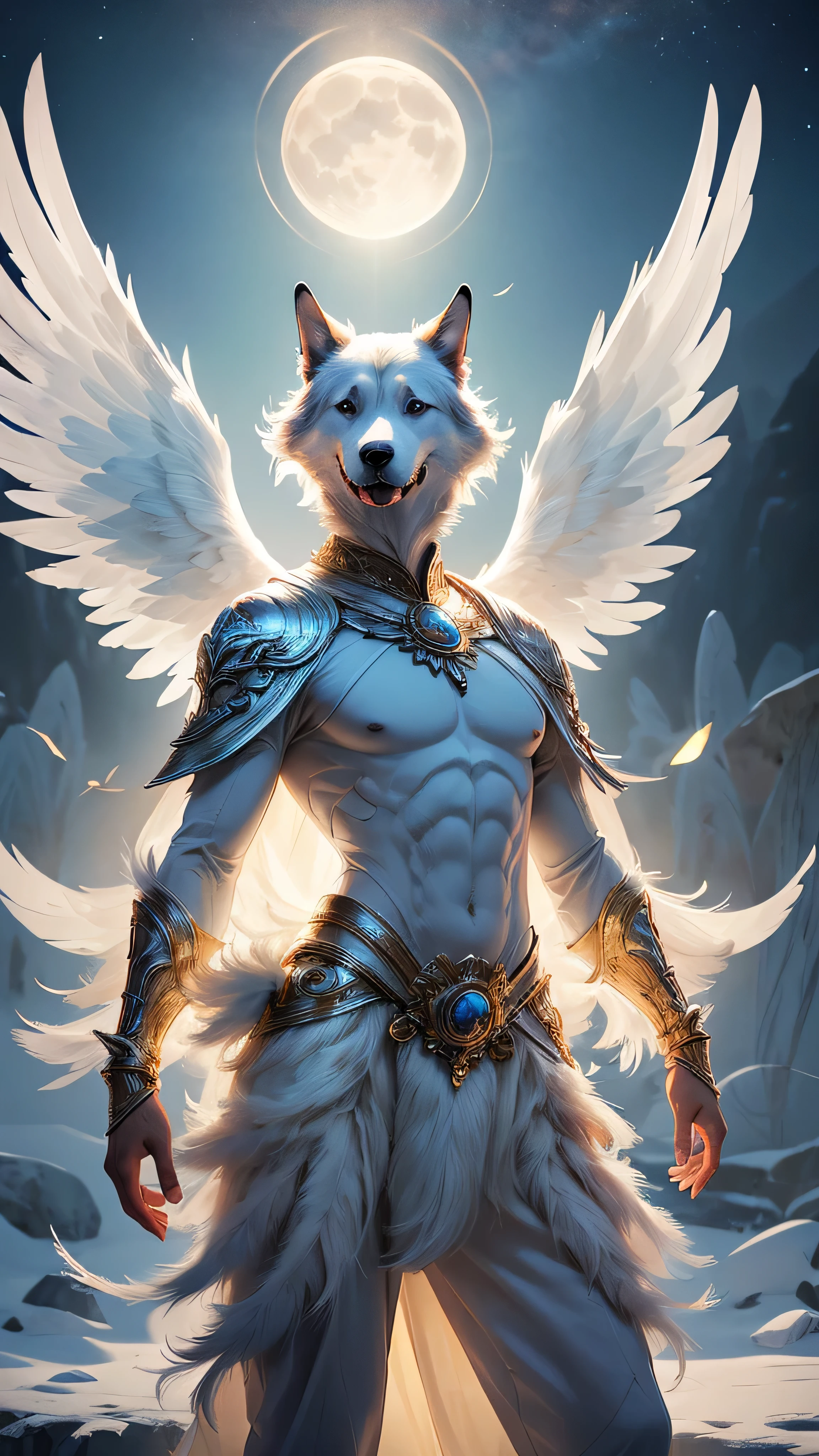 Aasimar-canine hybrid, standing proudly, celestial sky, noble physique, large elegant dog, great hound, with divine features, fur shimmers with a faint, ethereal glow, golden markings resembling celestial patterns trace across body, eyes shine, subtle glowing halo hovers above head, feathered wings sprout from back, soft luminous feathers, mystical landscape, ancient temple, silver moonlight, regal and comforting, solo, cowboy shot, front view