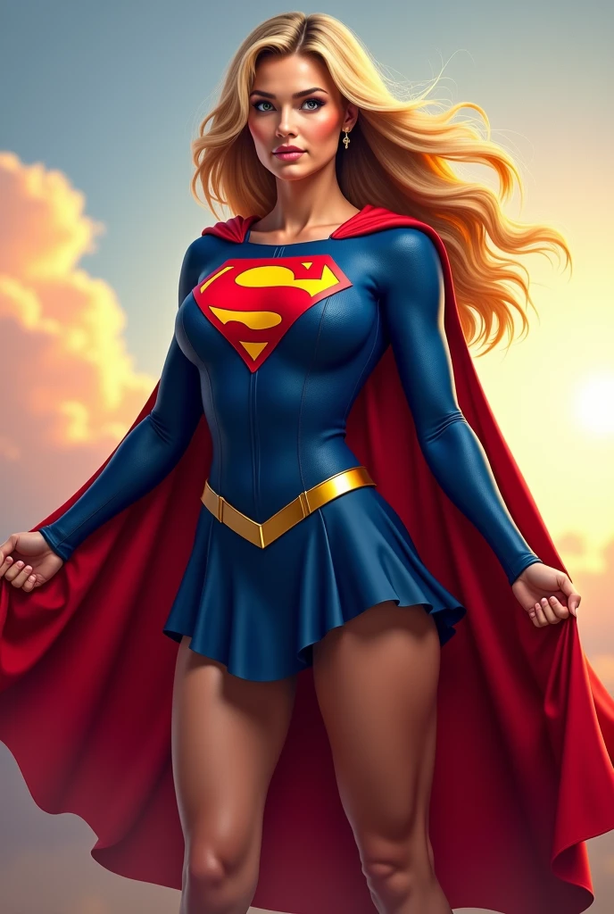 A beautiful woman with long blonde hair wearing the Kryptonian Kara Zor-El alias Supergirl costume. Blue and red leather jacket, red leather corset with the Superman emblem on her chest, red leather pants, red knee-high boots with gold trim, long gold bracelets.