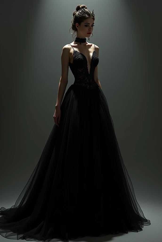A shiny black dress inspired by Cinderella's corset, with a less puffy length