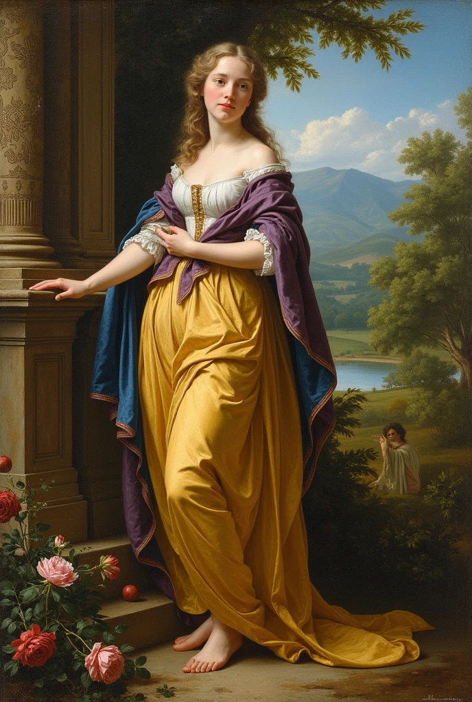 self-portrait, inspired by the artist Élisabeth Louise Vigée le Brun as the goddess of the hunt Diana, An intricate plot, resting under a mighty Italian oak tree at the foot of Mount Vesuvius, on the shore of a pond, a beautiful evening sunset, the plot is rich in paraphernalia of ancient life, household items, luxury, antique dress, Beautiful scenery, combining Rococo and Renaissance, SVG anti-aliasing