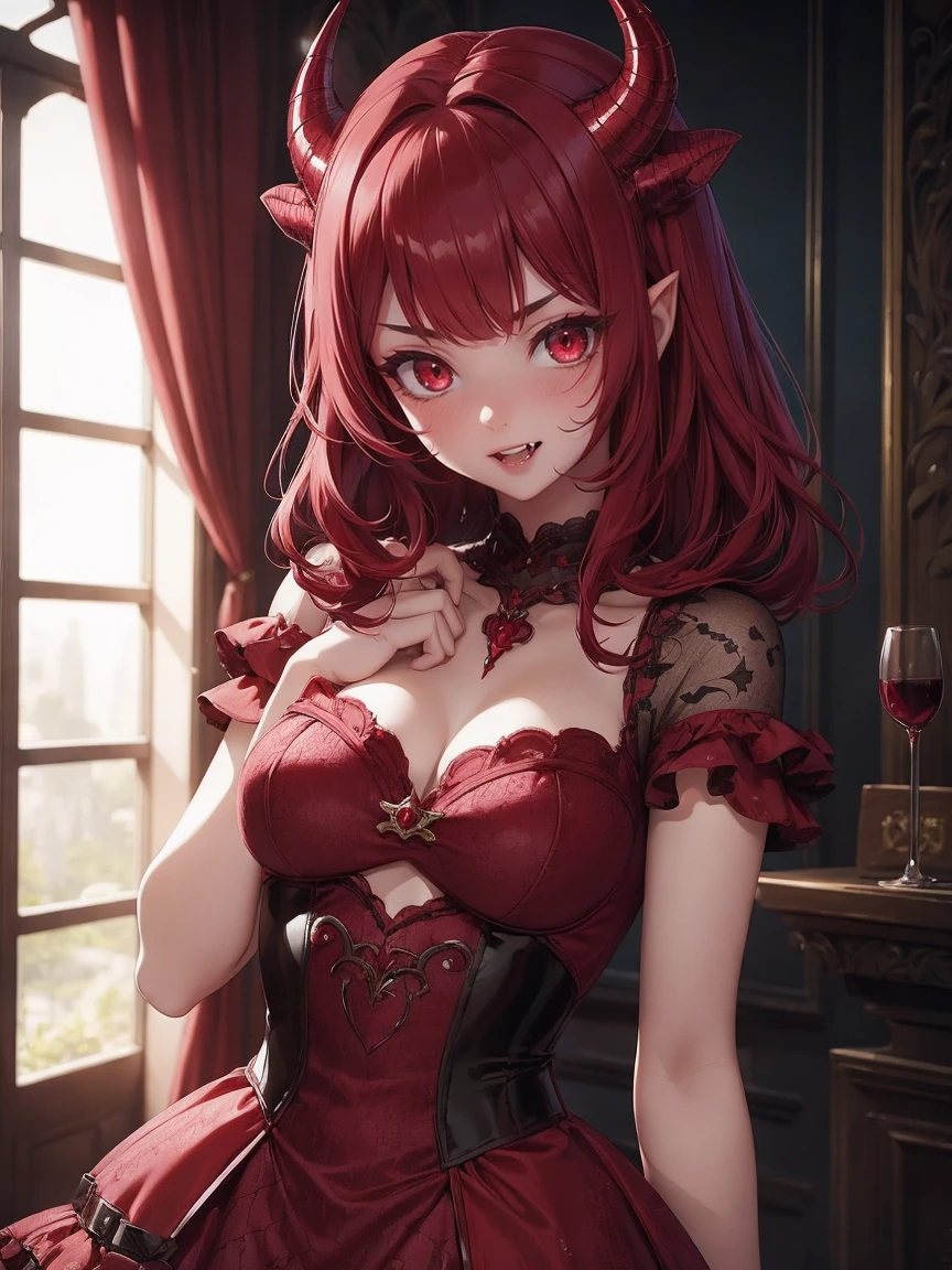 (masterpiece, highest quality:1.2), cowboy shot, alone, (Upper body), 1 girl, (prostitute costume), got it_\(green_archive\), armpit, gloves, chest, lupong_hair, Hello, white_gloves, red_dress, horn, necklace, pink_hair, jewelry, 前hair, ~ side_slit, strapless_dress, Brown_eye, Jacket_upon_shoulder, indoor, party venue, Glossy skin, embarrassing