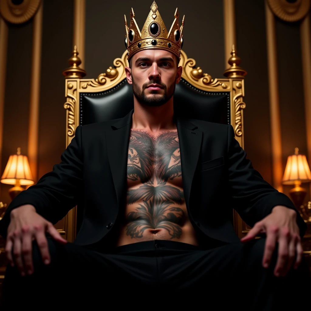 a surreal courtly photography, ultra-detailed, panoramic composition of subject and complete surrounding environment, handsome manly young topless christian hogue sitting on a throne, wears rich silks shorts and decorations, a crown on his head, Gold snake pattern tattoo , inspired by Cornelis Engebrechtsz, inspired by Nikolay Nikanorovich Dubovskoy, inspired by John Nelson Battenberg, inspired by Konstantin Westchilov, maximalist art nouveau, modern art nouveau, Artem Demura. Alphonse Mucha. Homem com asas de anjos. Pênis marcado volumoso