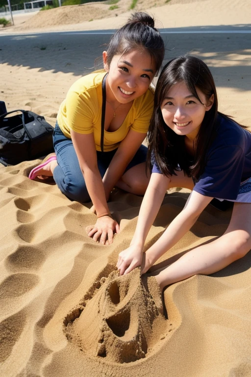 Junior high school girl building a mud sculpture