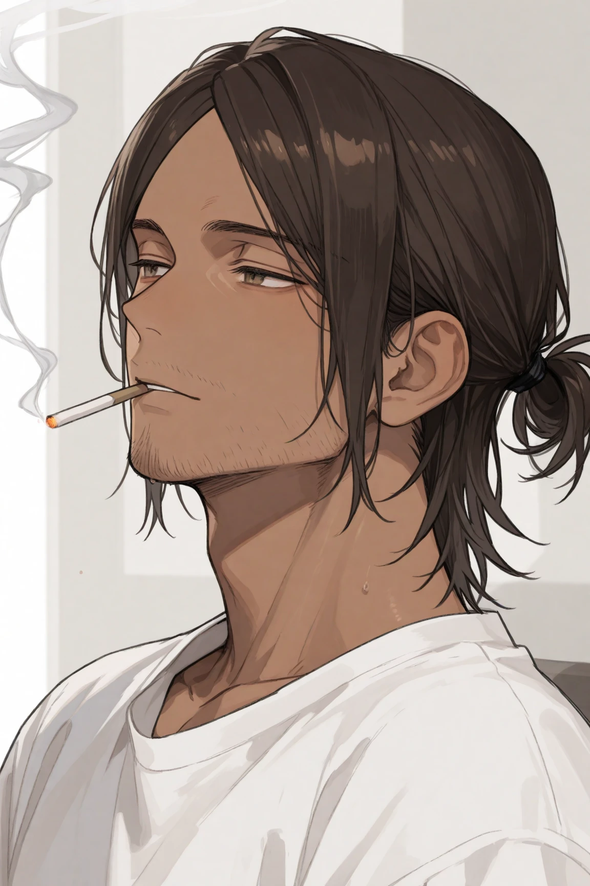 ((masterpiece, best quality), (anime), (close-up:1.36), (head-shot:1.36), (cigarette), 1man, male, solo, smoking, black hair