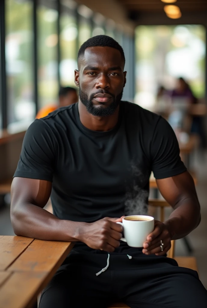 Black man, sugarcane at background, holding a cup of green tea, giving a dislike thumb
