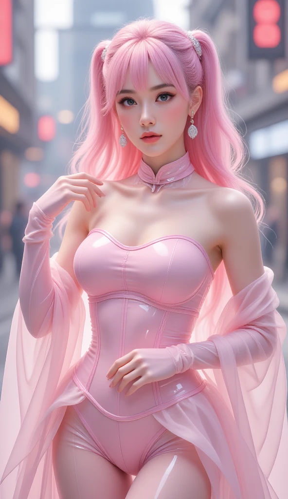 close up hyper-realistic photo of a beautiful korean girl, full body, soft mint pink hair, blue eyes, corset, white tight clothing, thigh-highs, bubble butt, starlight, cotton candy, lolita fashion, thighs, artstation, trending, ultra HD, 4k, detailed anatomy, shiny skin, dramatic lighting, high contrast, delicate, high quality, pretty korean, ultra realistic style, detailed face, in a crowded street, soft pastel background color, portrait Photography, Ultra-Wide Angle, Depth of Field, hyper-detailed, intricate details, beautifully color graded, Cinematic , Color Grading, Editorial Photography