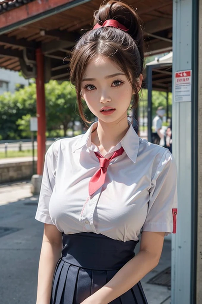 (8K、nffsw、Hi-Res)、((((a picture、Raw photography、Hyper-Realism、​masterpiece、top-quality、超A high resolution))))、(Pin Light、Back lighting、Back lighting、ciinematic light)、foco nítido:1。4、(Hyper-detailing、finedetail)、cowboy  shot、 1girl in、Beautiful eyes like a cat、small and slightly plump lips,,,,,,,,,、thick eyebrow、long and beautiful eyelashes。Transparent throughout makeup、Cheeksium dark brown hairstyle、Lip gloss with touch and shine)))。Random Uniform、Random and sexy poses,Random situations、Random landscape、large full breasts、cleavage of the breast、(((Humiliated face)))、bokeh feeling、In the street、Crowds、25-years old、(Drooping eyes 1.5)、 Beauty、natural、Korea person、(((In uniform)))、Small piercings、White panties、(((Skirt soars、Panties are visible)))、(((sexy panties)))、