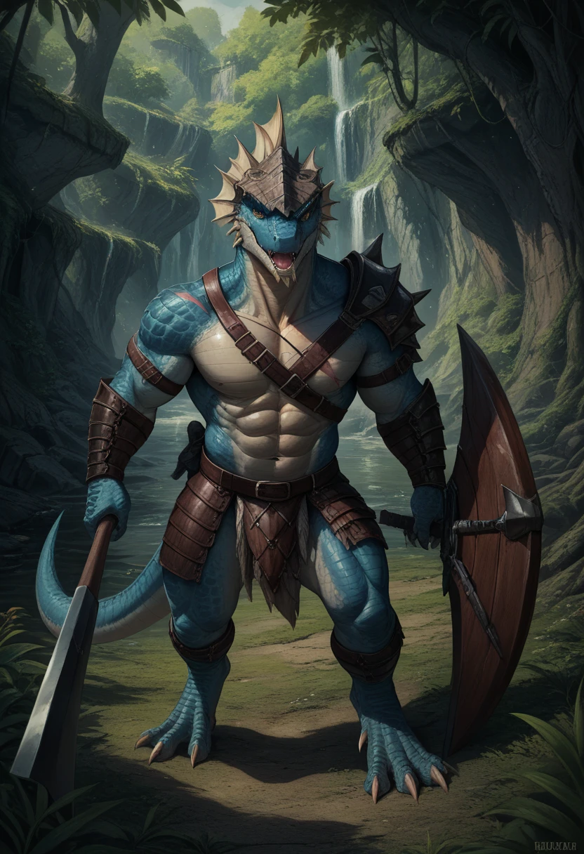 Gray skink lizard warrior,comic book style, illustration, solo, ferocious, male, [[proud pose]],, masterpiece, best art, armor, full body, digitigrade, by laobai, forest background, abs, loincloth, red fins, blue tail, lizard, scales on body, gray body, masculine body