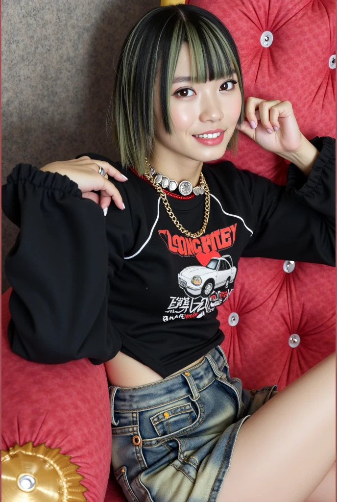 ollarbone,black t-shirt,off-shoulder look,bare shoulder,Denim mini skirt,open mouth,tongue out,lick,Black sofa,Kneeling,looking ahead,from above,flont view,face focus,(1girl,Beautiful 16 year old girl),((Slender,Small breasts,Small face,)),looking at viewer,Black Hair,bangs,straight,Beautiful and detailed,Mischievous smile,Dimly lit room,Simple Background,Black background,Low lighting