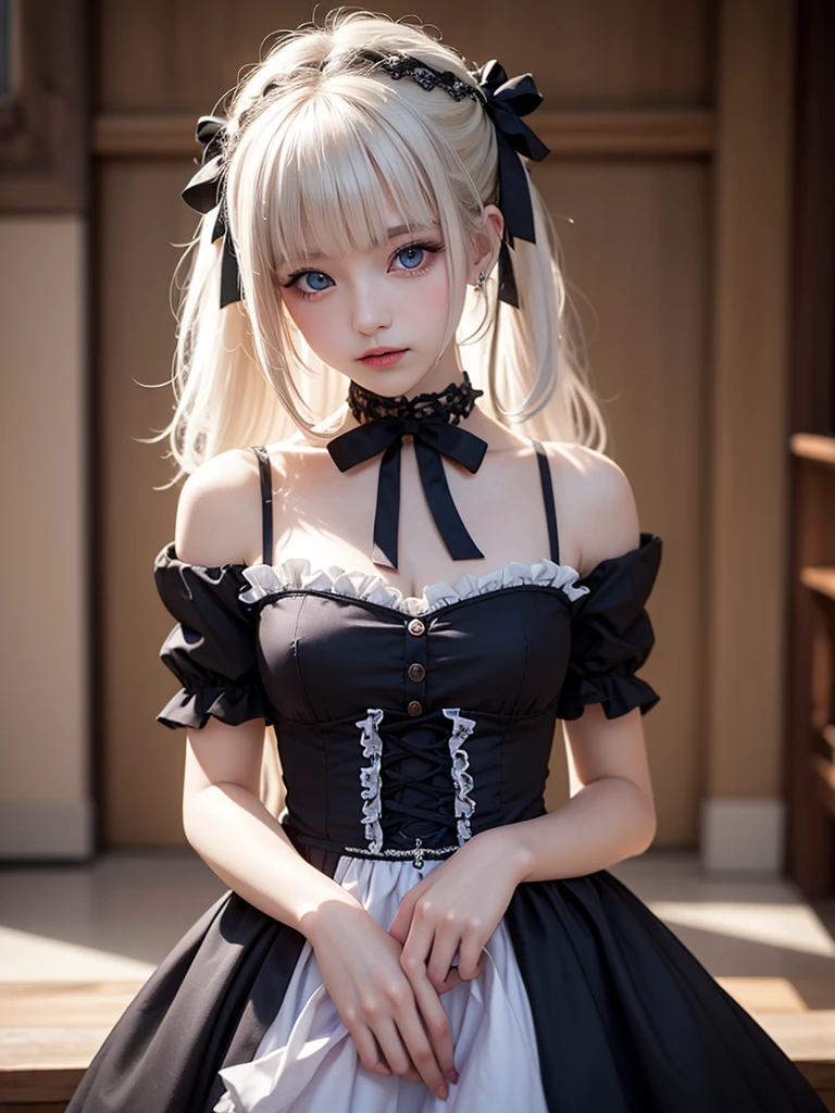 (Tabletop, Highest quality:1.2), 8K, 85mm, Official Art, RAW Photos, Absurd, Platinum Blonde Hair, (blue eyes, Lolita Fashion, Sweet Lolita, Gothic, dress:1.2), Idol's face, Upper Body, beautiful girl, Gardeniass, Copenhagen, Short sleeve, grace, Sophisticated, Gardenia, View your viewers, Film Grain, chromatic aberration, Sharp focus, Face Light, Dynamic Lighting, Cinema Lighting, Detailed face, Bokeh Background