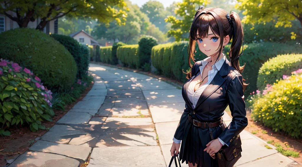 1girl, solo, village, trees, colorful hair, curly hair, ponytail, large breasts, button down shirt, ninja, ((black shirt)), ((unbuttoned shirt)), ((short sleeved shirt)), blue eyes, black shorts, katana, grin, looking at the viewer, ((standing)), hair ribbon, bandage