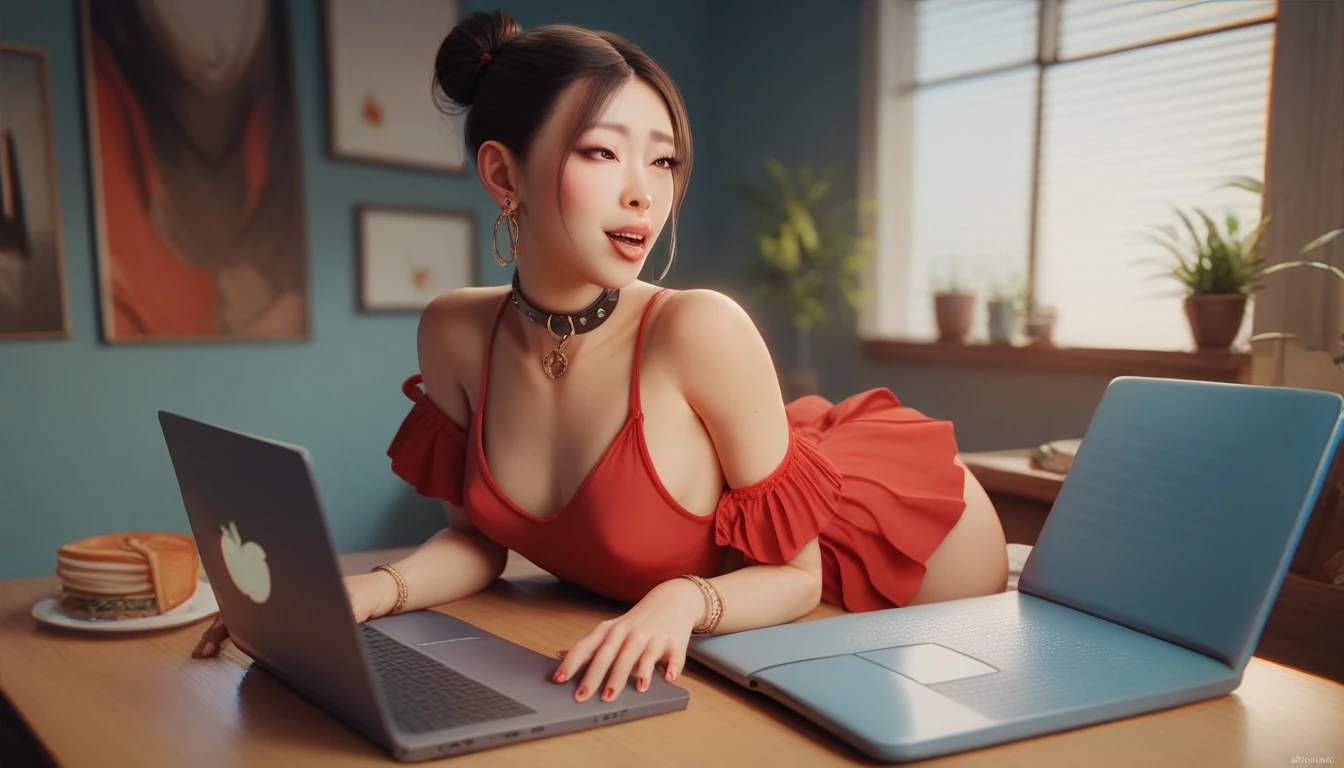1 Asian woman, nude ,open legs, spread eagle, sitting on desk facing viewer, smiling, Beautiful Eyes and Face Details, Full Body, tight Red cropped t-shirt, Best Quality, Unclothed, Office desk. Sunny day. Adult video Posters on wall