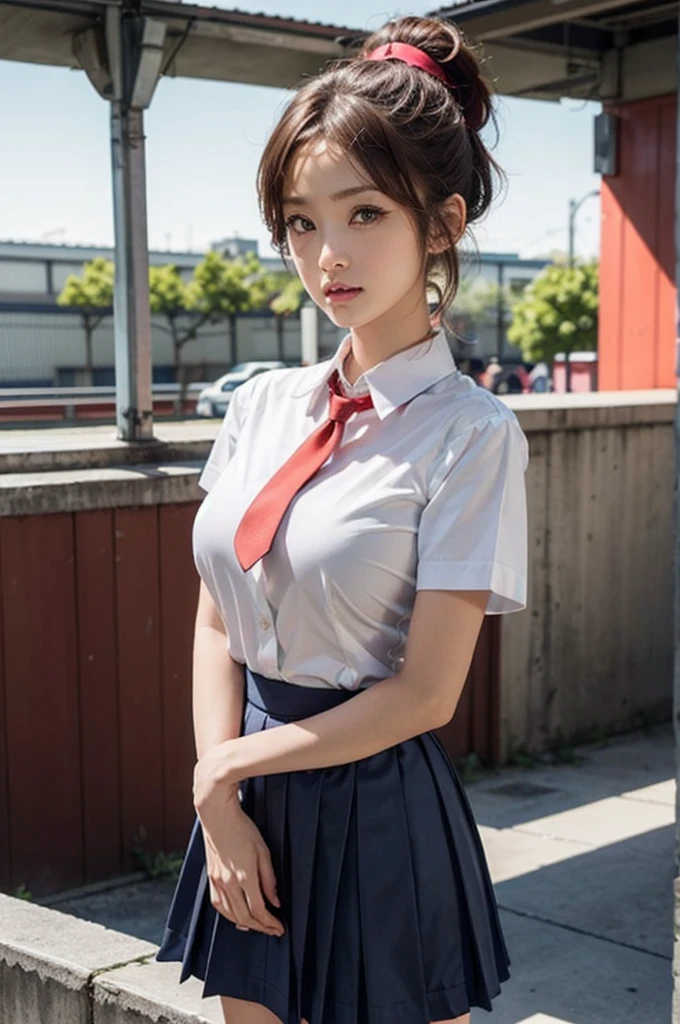 top-quality,ultra-detailliert,masterpiece,realisitic,Photo Real,Bright lighting,1 girl in, Very beautiful 13 year old girl, (kawaii:1.2),Thin smile, (Brown eyes),(brown haired),(bangss),short-cut、perfect glossy skin,flawless skin,((erotick,Sexy and sexually explicit)),((accurate hands without incongruity)), large full breasts,big breasts thin waist, Look at viewers,((Blazer Uniform)),((Short sleeve uniform white shirt)),(red necktie),(Blue Mini Pleated Skirt),(((skirt lift by yourself))),(lifted by self),(Cute panties are in the photo),Black lace panties,Black Lace Panty Focus,((Sit up,spread legswide)), sockes, (Black knee socks),(Loafer shoes), during daytime,On the train,Horizontal long seat with your back to the window,barechested、Stockings、a choker、toppless、teats、The areol、Nipple、、、Cute lace panties、