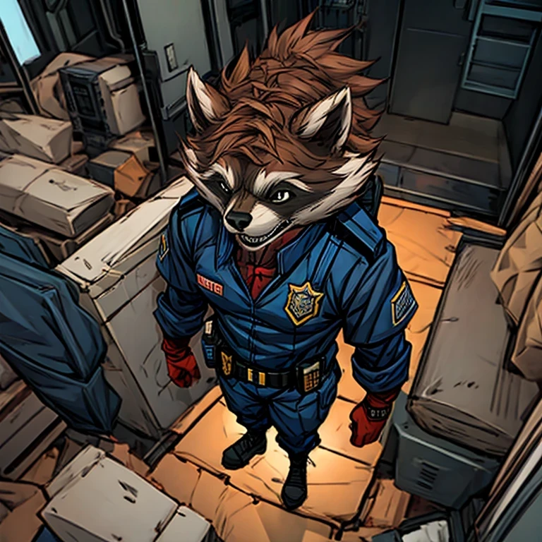 rocket raccoon, from above, police clothes, high quality, raccoon