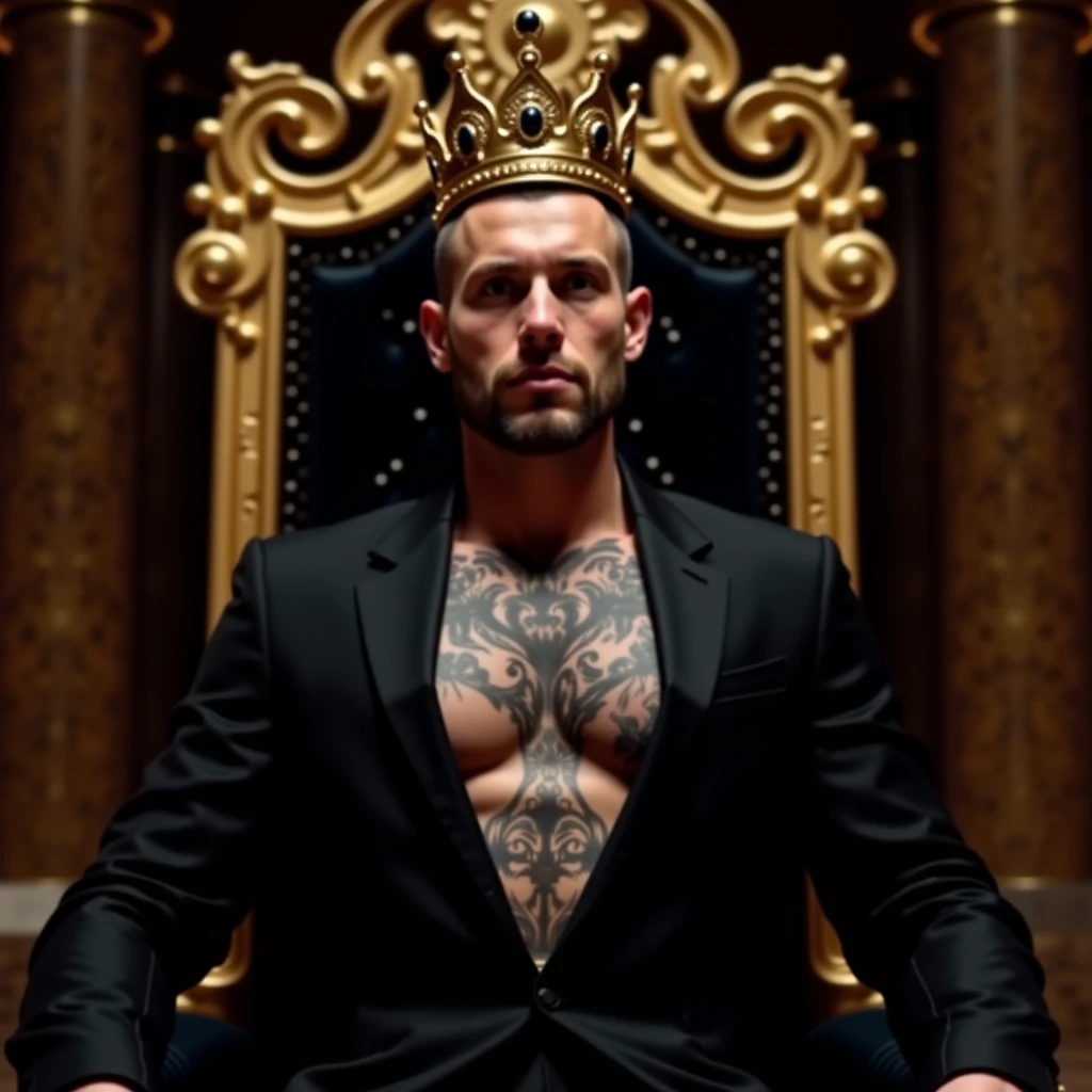 a surreal courtly photography, ultra-detailed, panoramic composition of subject and complete surrounding environment, handsome manly young topless christian hogue sitting on a throne, wears rich silks shorts and decorations, a crown on his head, Gold snake pattern tattoo , inspired by Cornelis Engebrechtsz, inspired by Nikolay Nikanorovich Dubovskoy, inspired by John Nelson Battenberg, inspired by Konstantin Westchilov, maximalist art nouveau, modern art nouveau, Artem Demura. Alphonse Mucha. Homem com asas de anjos