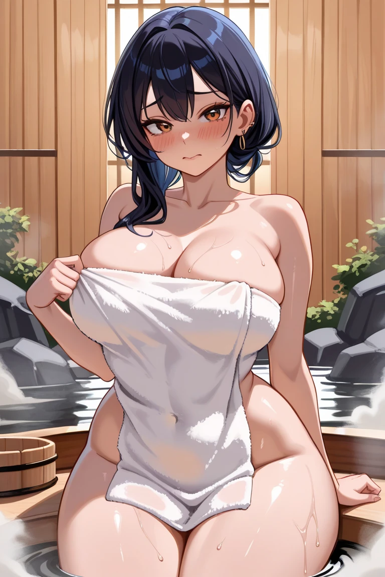 Masterpiece, high quality, 8k, ultra detail, 1 girl, ((nude)), smille, red lip, (night), bath, hot onsen, (dynamic poses), ((raidenshogunrnd)), (huge breast), from front