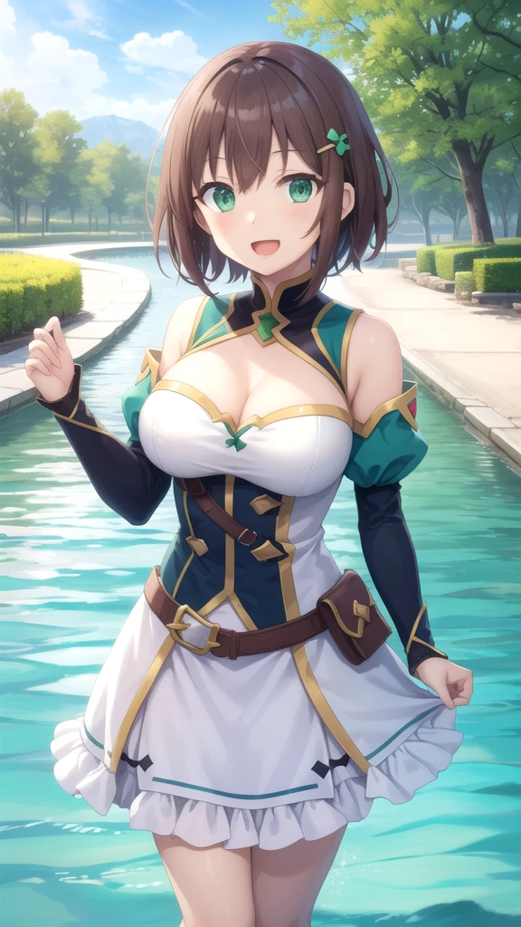 fantasy, short brown hair, mage, green bikini armor, left braid, smug