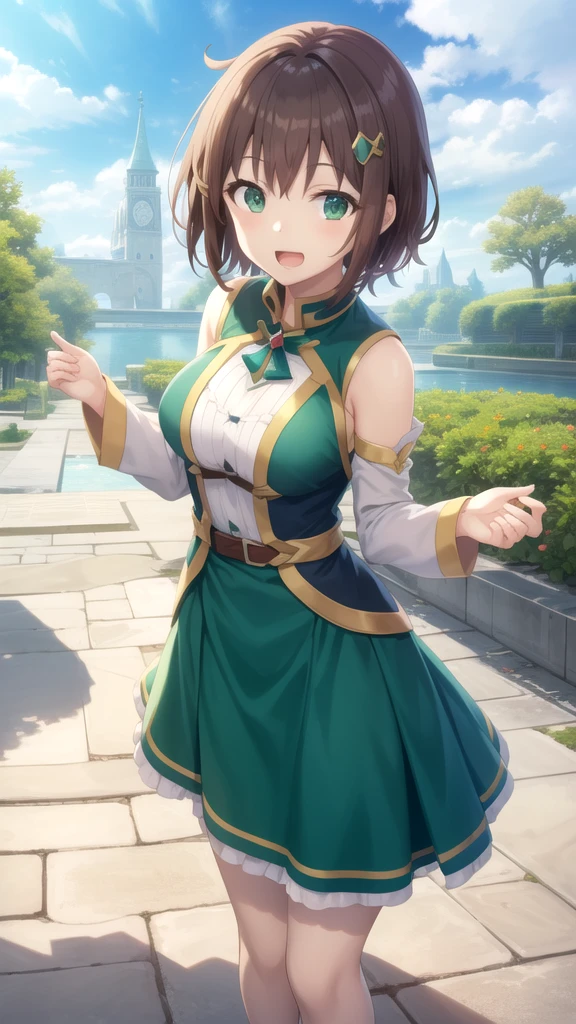 masterpiece, best quality, highres,ly02, hair flower, blue flower, twintails, detached sleeves, green dress, bare shoulders, green skirt, eyelashes, hairband, <lora:lyra_v1:0.6>, thighs, breasts, mature female