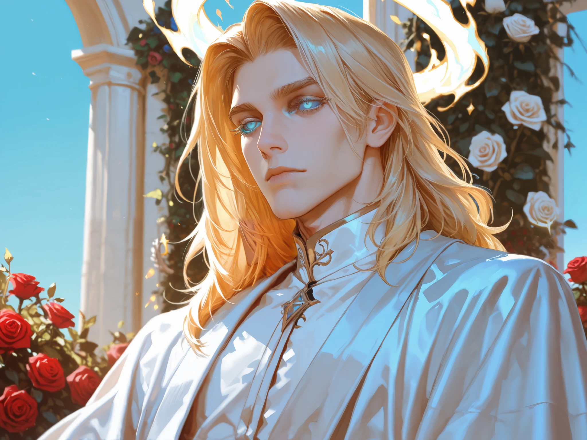 detailed, man, 20 years old male, solo, long golden blonde hair, handsome, beautiful face, long eyelashes, sapphire blue eyes, light blue sclera, fiery halo, distinguished, thoughtful, white gold and blue robes, rose garden, South Italian rose garden, blue sky