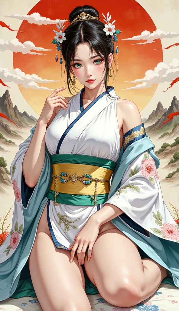 A woman in her fifties wearing a red and white kimono decorated with sunflowers, 古代Chinese Costumeを着て, Hanfu, palace ， a girl in Hanfu, Traditional Chinese clothing, Ancient Chinese Princess, white Hanfu, Tang Dynasty, Wearing a luxurious silk cloak, Traditional Chinese, 古代Chinese Costumeを着て, Chinese Costume, Wearing gorgeous silk clothing, Empress of China, Ancient Chinese Beauties　She exposes her nipples