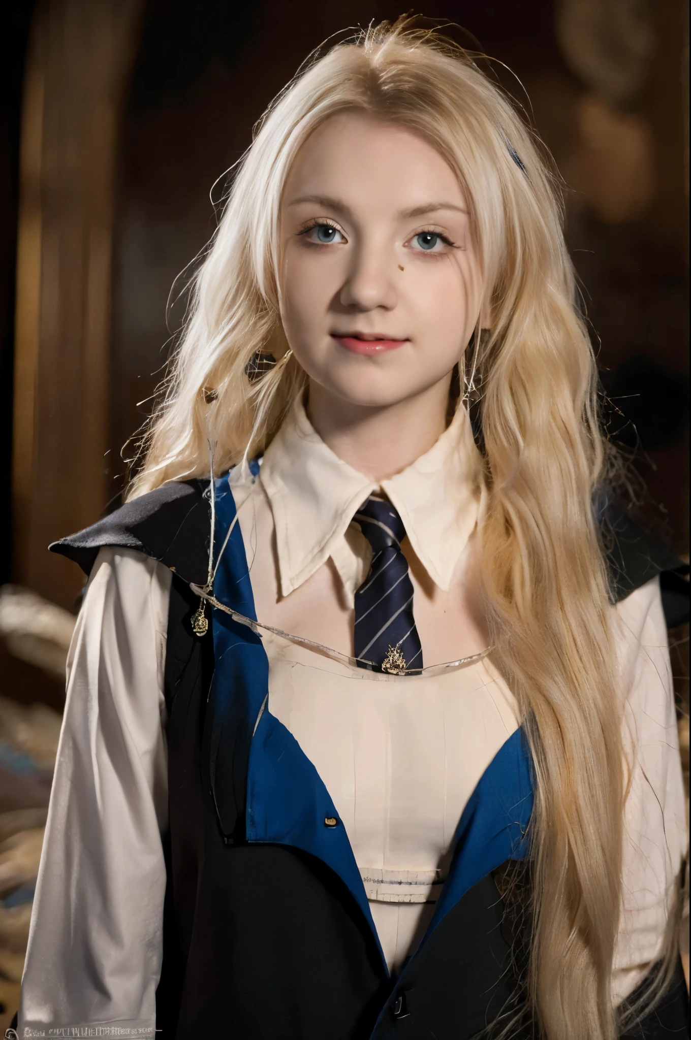 Photograph of (Luna Lovegood), best quality, 8k, very delicate and beautiful, highly detailed face and skin texture, shiny skin, high resolution, beautiful blond long hair, busty young woman, wearing a white blouse, cleavage showing, under a black cloak (her Ravenclaw uniform) in a library, sharp focus, candid photographic realism. Even (symmetrical facial features:1.5)