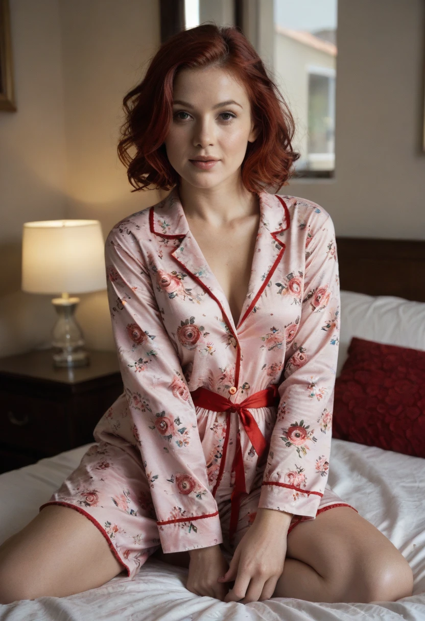 There is a woman sitting on a bed wearing a pink floral pajamas, red-haired girl, beautiful red-haired woman, red-haired woman, young red-haired girl, short bright red hair, red hair and attractive features, Anna Nikonova aka Newmilky, red-haired girl, redhead, beautiful woman, posing in bed, red head, with short red hair, posing in a room