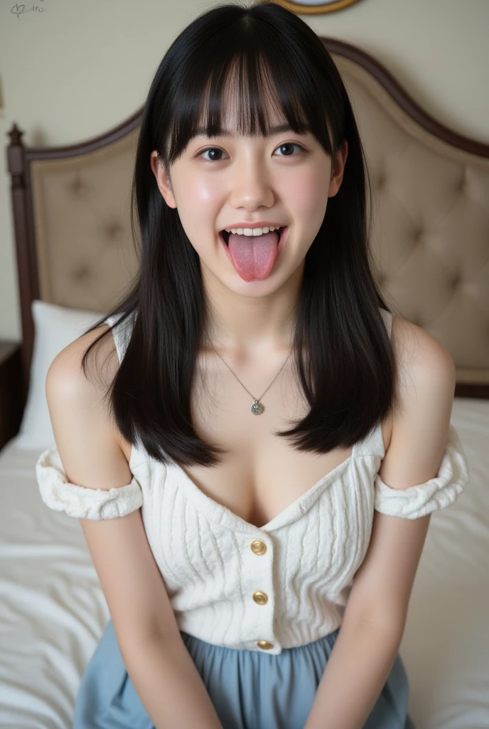 White sweater mini dress,bare shoulder,oollarbone,open mouth,tongue out,cum on tongue,Sitting on a black sofa,looking ahead,from above,flont view,face focus,open mouth,tongue out,(1girl,Beautiful 16 year old girl),((Slender,Small breasts,Small face,)),looking at viewer,Black Hair,bangs,straight,Beautiful and detailed,Mischievous smile,Dimly lit room,Simple Background,Gray background,Low lighting