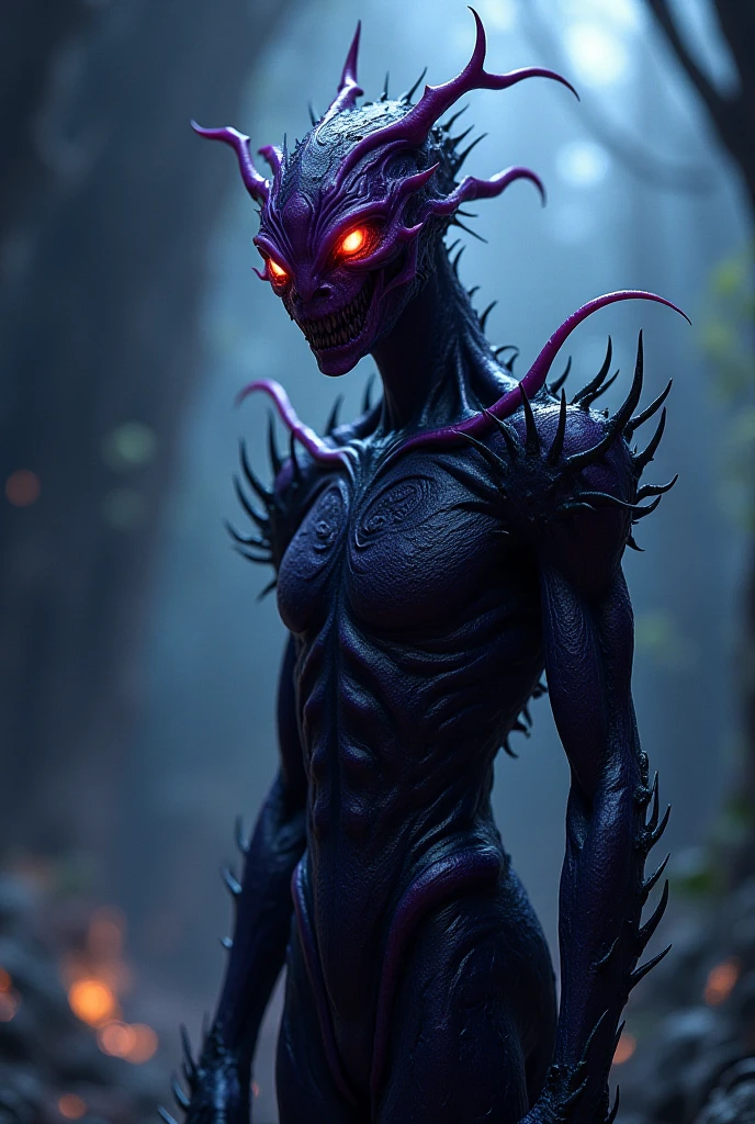 naughty man, between 20 and 30 years old, dark purple humanoid alien, Cao Cao, stark, bonitas, dark red iris, seducing gaze, goat horns, short black hair, messy and wavy, bushy eyebrows, traços starks, piercing de argola no septo, black nails. Wearing black tactical pants, barefoot, wearing no shirt