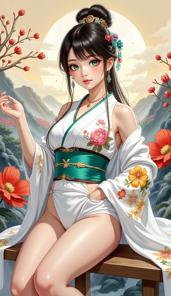 (legs wide open, crotch wide open), (cinematic light, top quality, 8K, masterpiece: 1.3), (world wonderful, goddess of Japan, Japan beautiful girl, Korean goddess), (upper body), (one girl), (necklace, bracelet, anklet, leg ring), (huge, cleavage, exposed breasts, sexy cleavage, highly detailed breasts), (huge breasts), (huge breasts), À la Fed woman in kimono, kimono, classic kimono, kimono, Japan kimono, long beautiful flowing kimono, intricate geisha kimono, white kimono with butterfly pattern, Japanese style, wearing kimono, legs open, crotch open, inspired by Kano Hōgai,