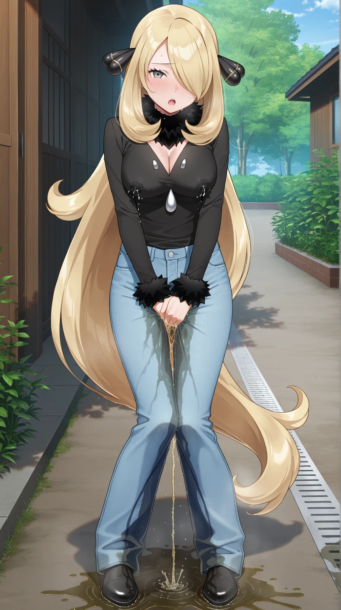 masterpiece, best quality, amazing quality, 1girl, youthful female, cynthia from pokemon, no headwear, (lactation), medium breast, (wetting herself:1.5), (desperation), (peeing), large wet pee stain, pee stain visible on her pants, soaking wet pants, (blue denim pants), looking at viewer, :O, outdoor setting, full body, Fashion photography, (anime screencap:1.2)