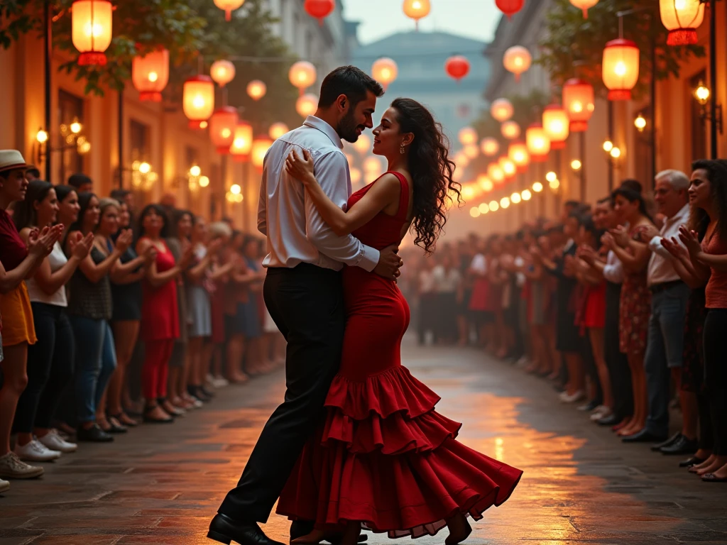 a masterpiece, stunning detail, an action shot, low angle, (top quality)), ((masterpiece)), a long hair girl, transparent long red dress, dance tango with a man, lamps, brown hair, shirt, black hair, 1boy, cleavage, jewelry, tango, hetero, multiple couples, pants, looking at another, bracelet, transparent dress, ,outdoors, full moon, strong wind, outdoors, full body, starry sky, at sea,,outdoors,(tango:1.2)