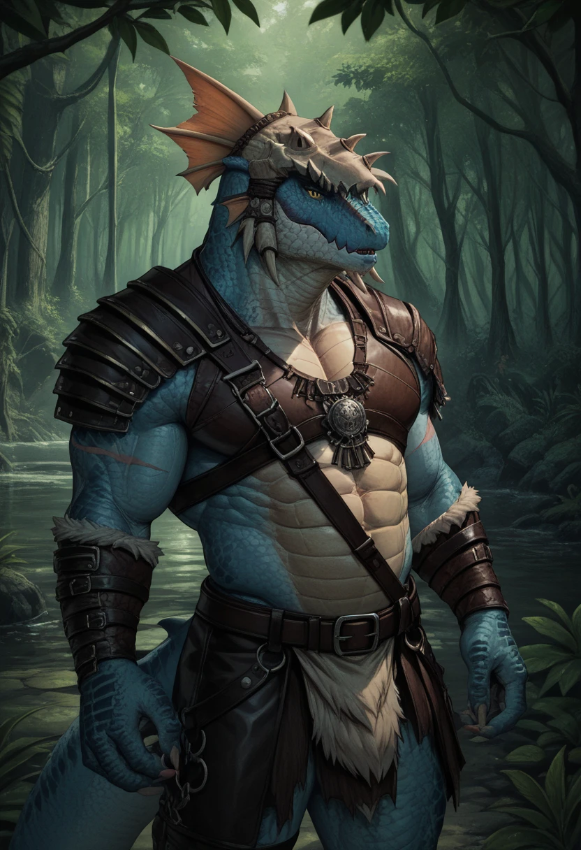 a ferocious male lizardfolk mercenary, muscular detailed body, hunter, tall topless, forest background, light gray body, wearing pants and belts on chest, comic book style illustration, best quality, 4k, ultra-detailed, realistic, by laobai, by taran fiddler, by honovy
