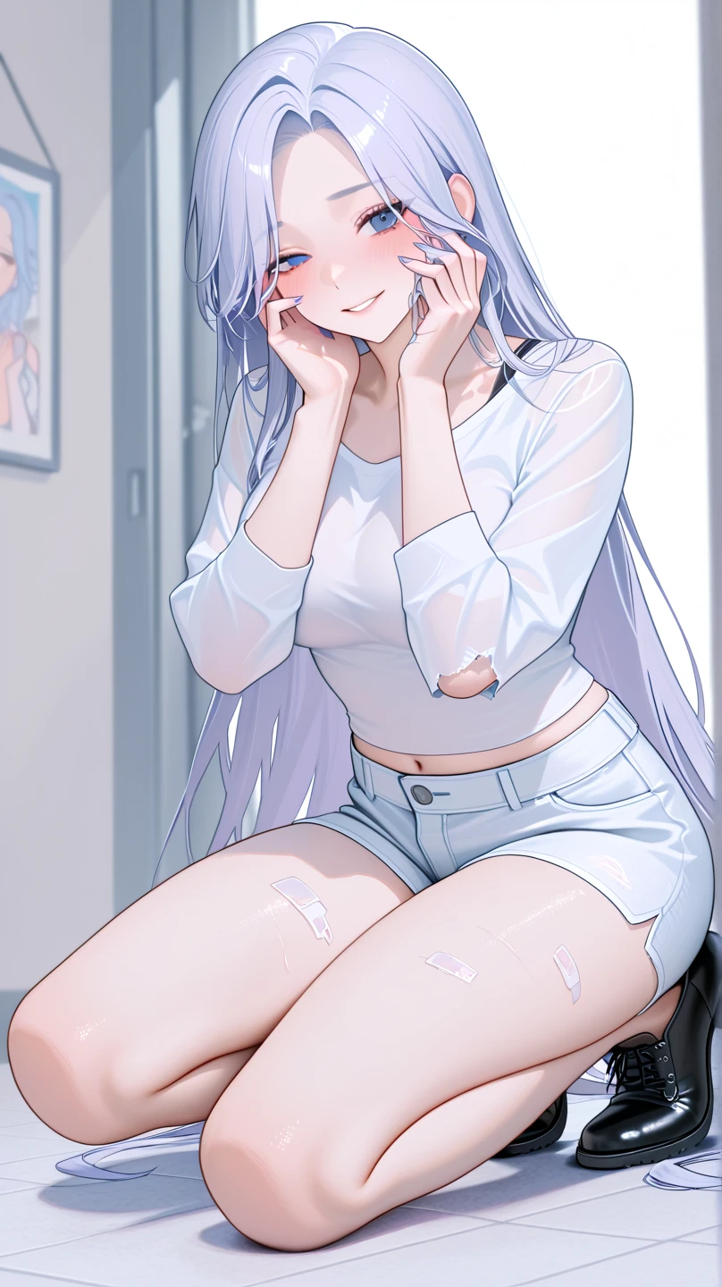score_9, score_8_up, score_7_up, score_6_up, uncensored, quinella, absurdly long hair, purple eyes, long hair, parted bangs, tongue out, saliva, purple hair, very long hair, hair ornament, horny face, blush face, lips, naughty face, shiny skin, sweating, steaming body, saliva, curvy, voluptuous, heavy breathing, large breasts, detailed body, detailed eyes, w-w-chain, spread arms, messy hair, white shirt, jeans pants, dungeon, best quality, best res, 4K UHD,