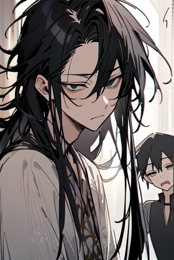 *Black shaggy-haired boy, Beret and black eyes, white skinned and a little angry, a pretty and tender face, black vest, with forest landscape at night and has blood all over his face and body*
