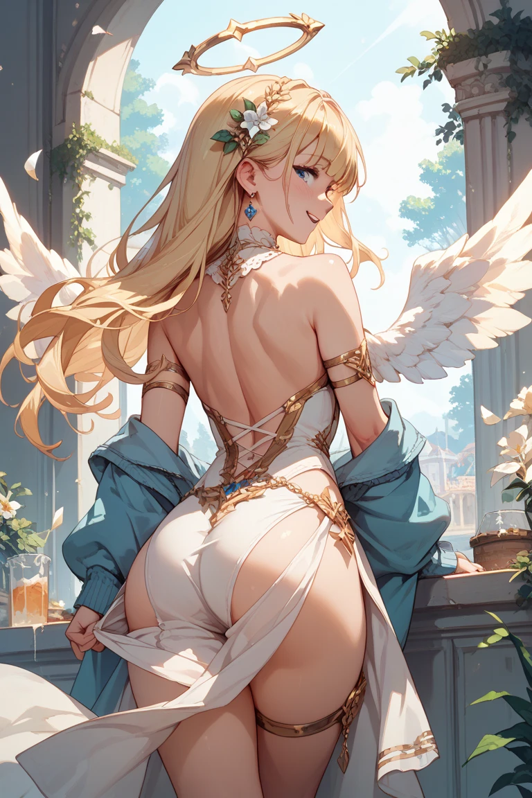 masterpiece, best quality, shadows, best light, dynamic angle, 1 girl, pretty angel, blonde long hair, sexy laundry, wings, seductive smile, flirty, intense gaze, soft lips, long eyelashes, devil, perfect anatomy, looking at the viewer, pretty face, ass, breast, thighs, nsfw,